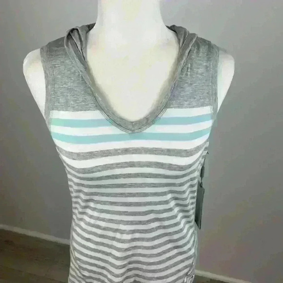 Calvin Klein Grey White & Blue Striped Hooded Active Top - Picture 2 of 6